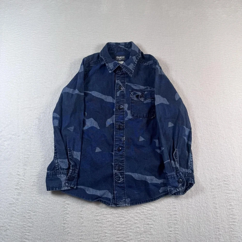 OshKosh B'gosh Shirt Boys 6 Blue Denim Camo‎ Long Sleeve Button Front Collared